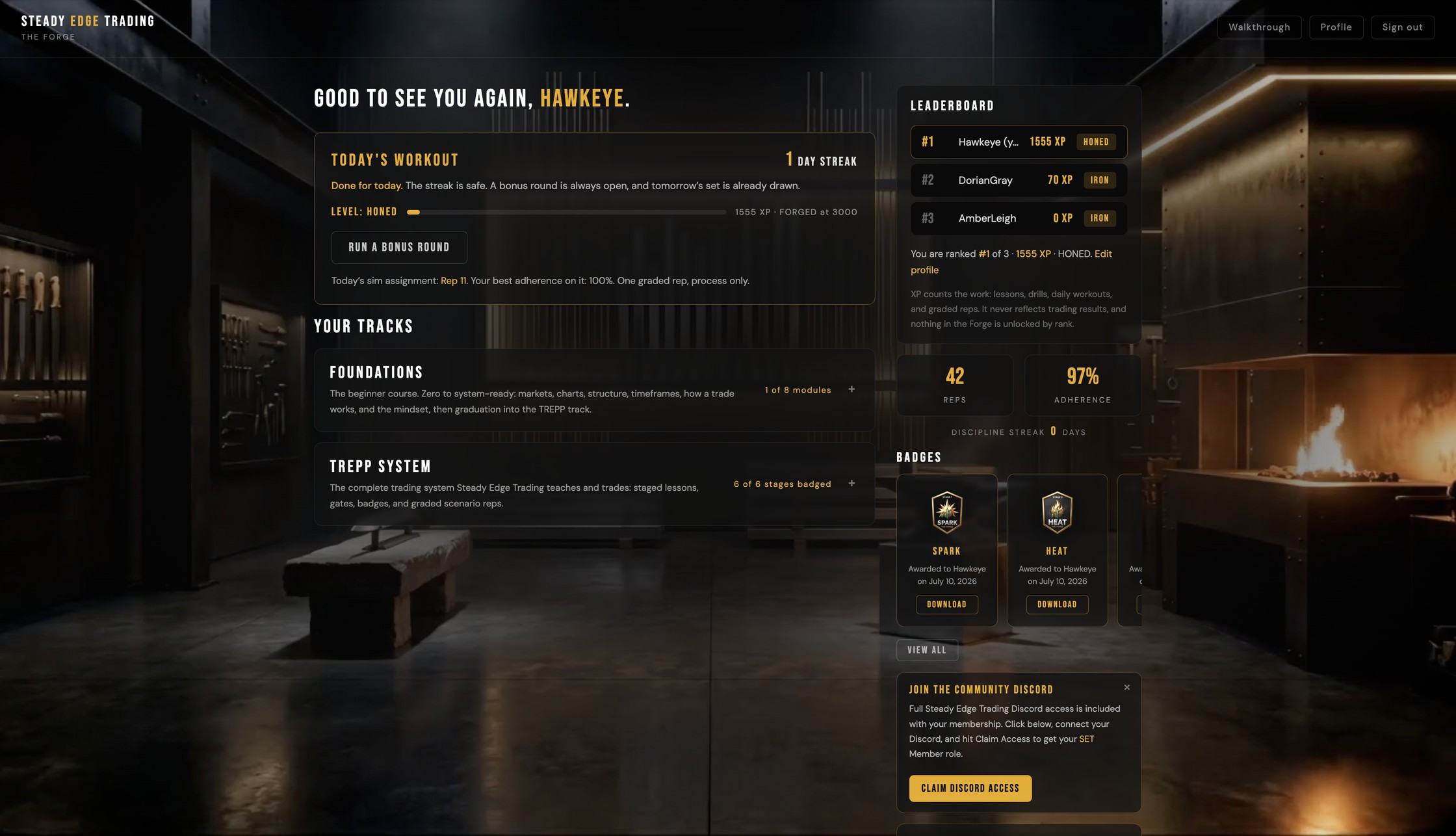 The Forge member dashboard: a daily workout card with a one day streak and an experience level, the Foundations and TREPP System tracks with module and stage progress, and a side rail showing rep count, adherence percentage, earned stage badges and the member leaderboard.